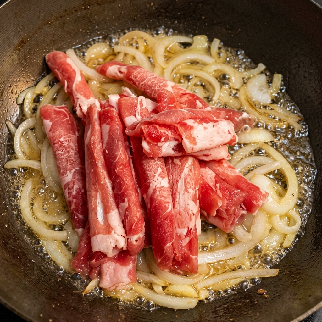 Fines tranches de bœuf brunissant dans une poêle avec des oignons et du liquide frémissant.
