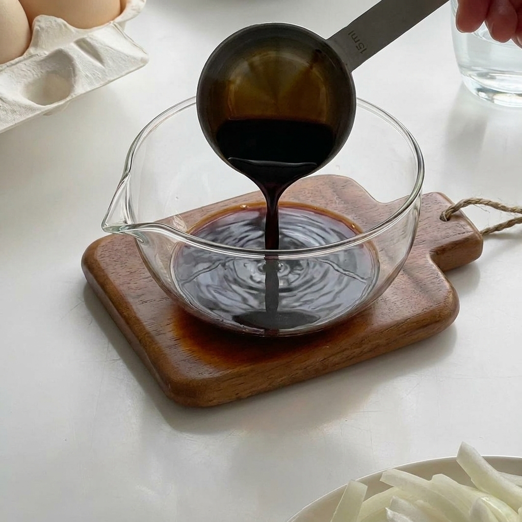 Mélange de sauce sombre versé depuis une cuillère doseuse dans un petit bol en verre sur un dessous de plat en bois.