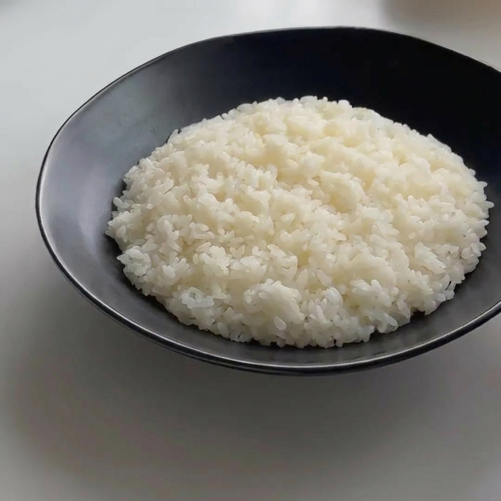 Un œuf parfaitement cuit posé sur un monticule de riz blanc dans un bol noir.