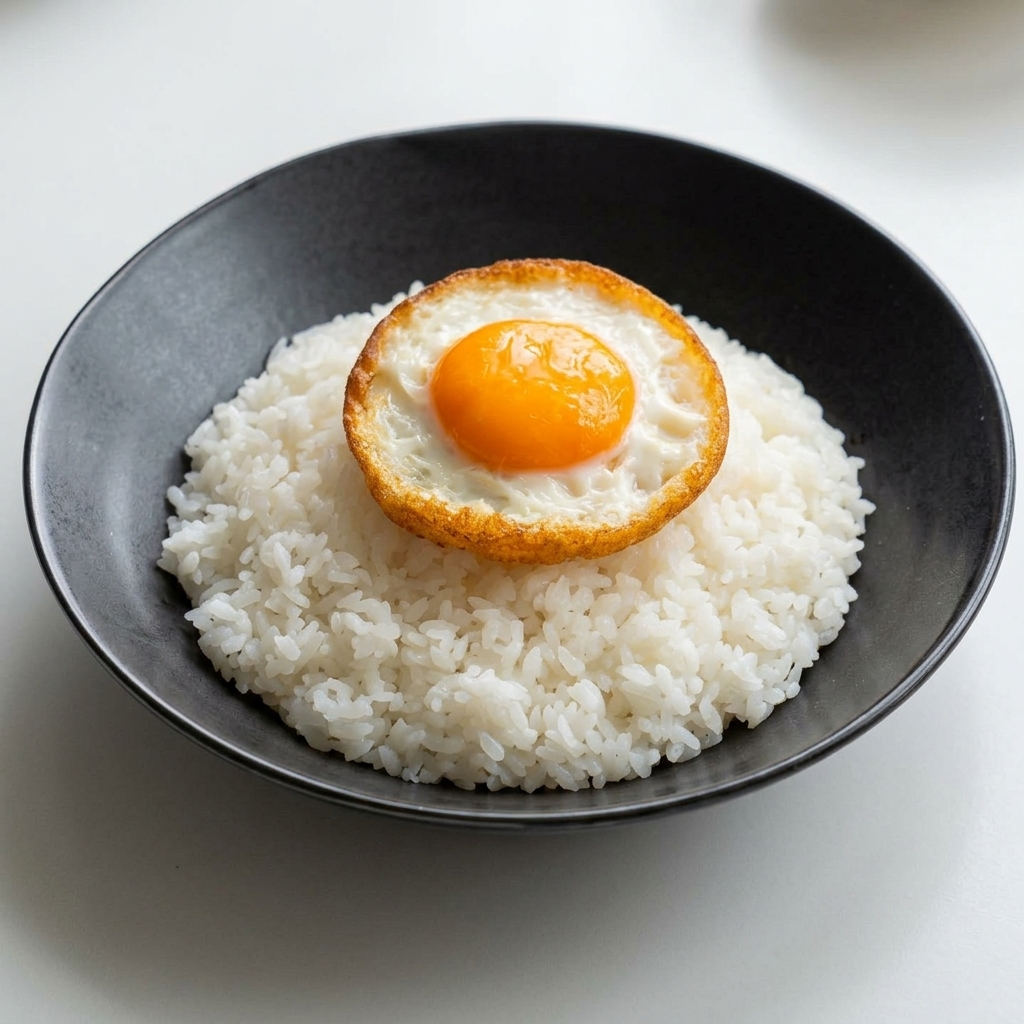 Tranches de bœuf et oignons cuits disposés artistiquement sur du riz blanc autour dun œuf central.