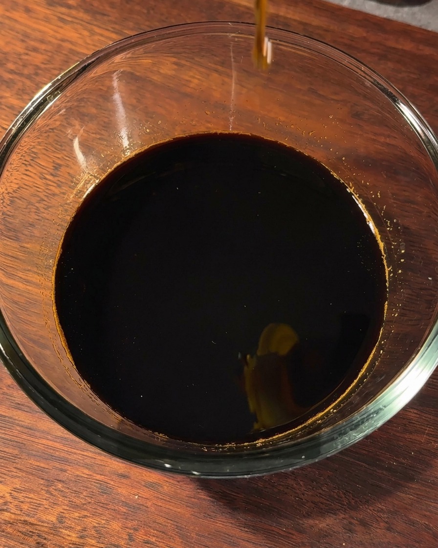 Un bol en verre contenant la sauce brune étant assaisonnée avec du poivre noir et de lhuile de sésame.