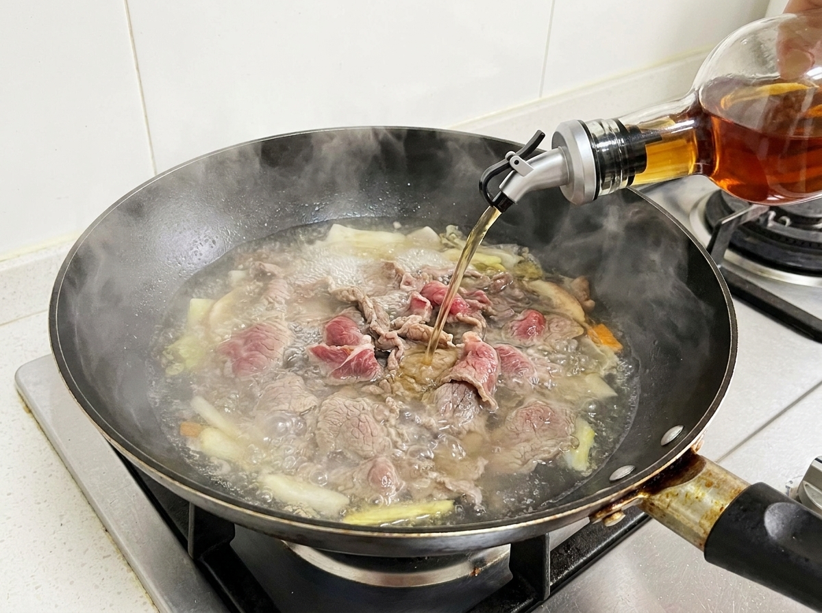 Vin de cuisine versé dans une poêle contenant du bœuf bouillant.