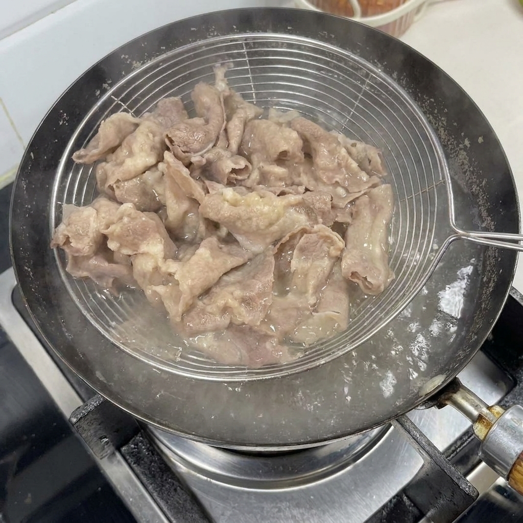 Tranches de bœuf blanchies retirées de leau bouillante avec une écumoire.