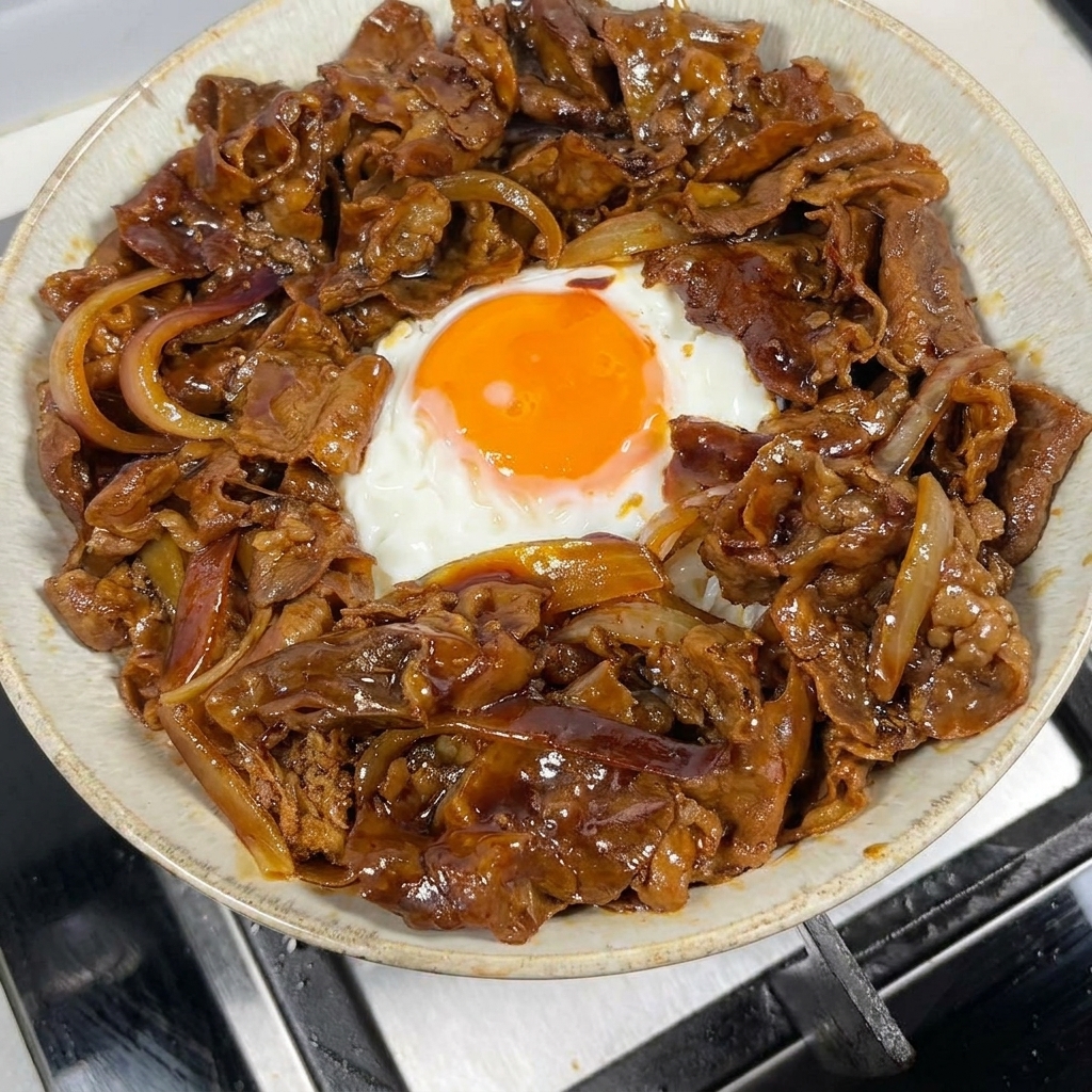 Un bol contenant du riz blanc et un œuf au centre, entouré dune portion de bœuf teriyaki brillant et doignons.