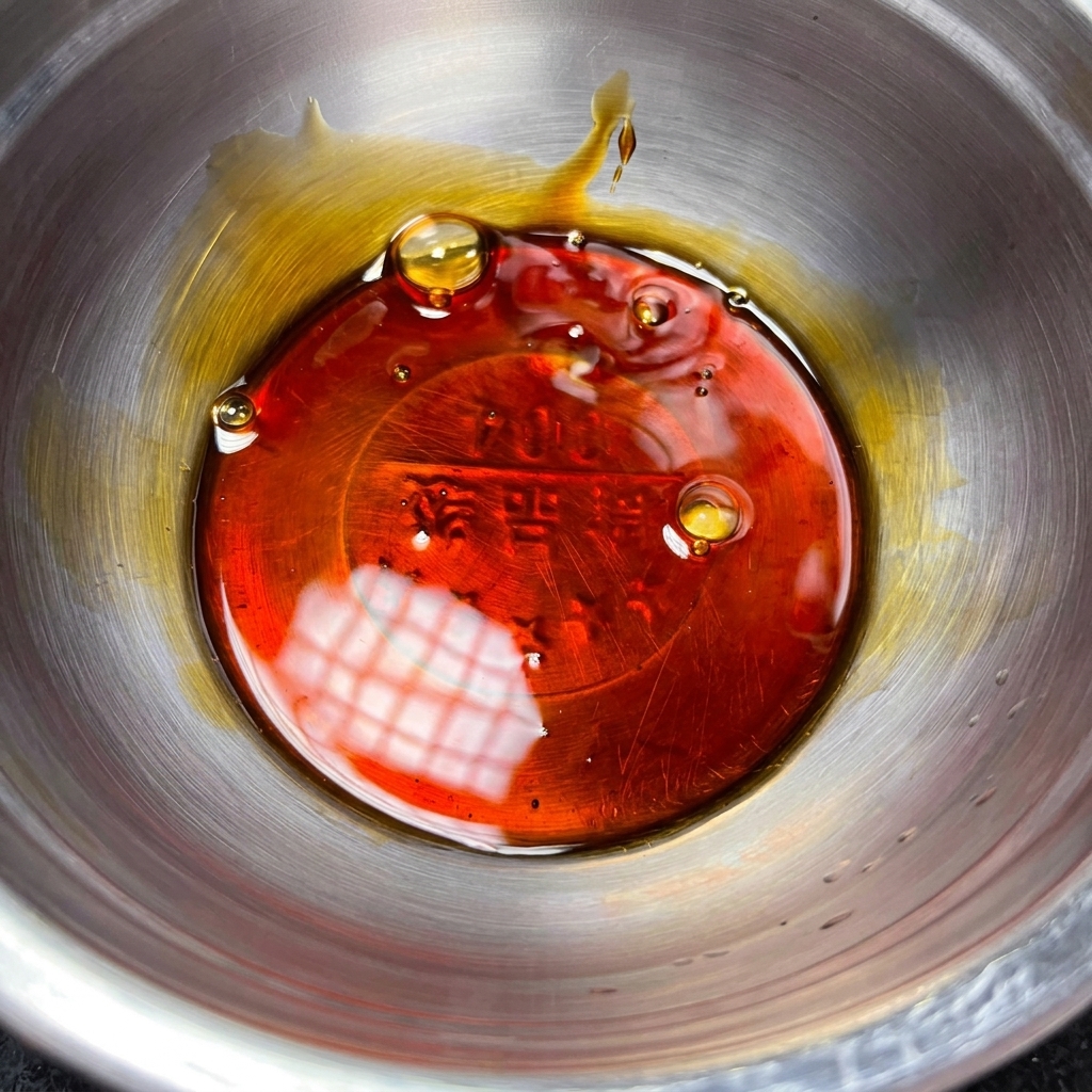 Un bol en métal contenant les ingrédients de la sauce teriyaki mélangés.