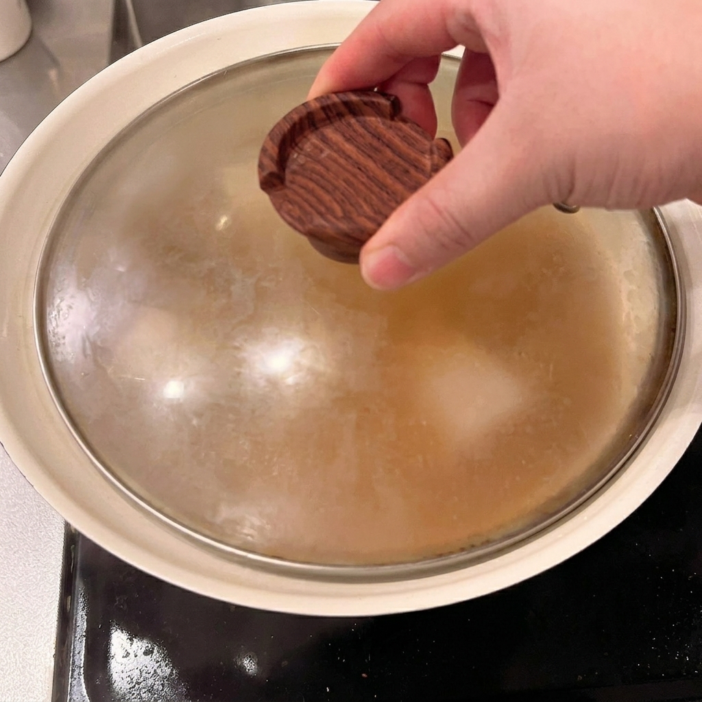 Une casserole couverte sur une plaque de cuisson, laissant mijoter le porc à feu doux.