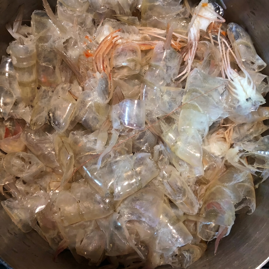 Vue rapprochée de carapaces de crevettes crues et nettoyées dans une casserole en inox, prêtes pour lextraction.