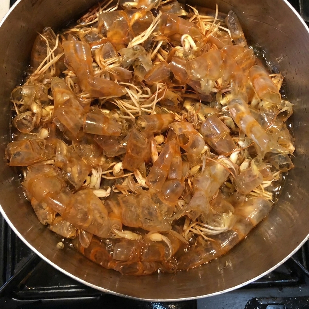 Mélange de saké, mirin, sauce soja et sucre versé dans la casserole contenant les carapaces de crevettes.