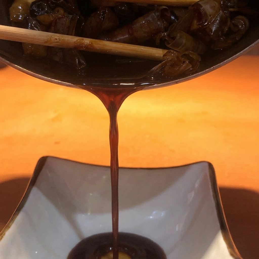 Sauce concentrée sombre versée à travers une passoire dans un bol en céramique blanc.