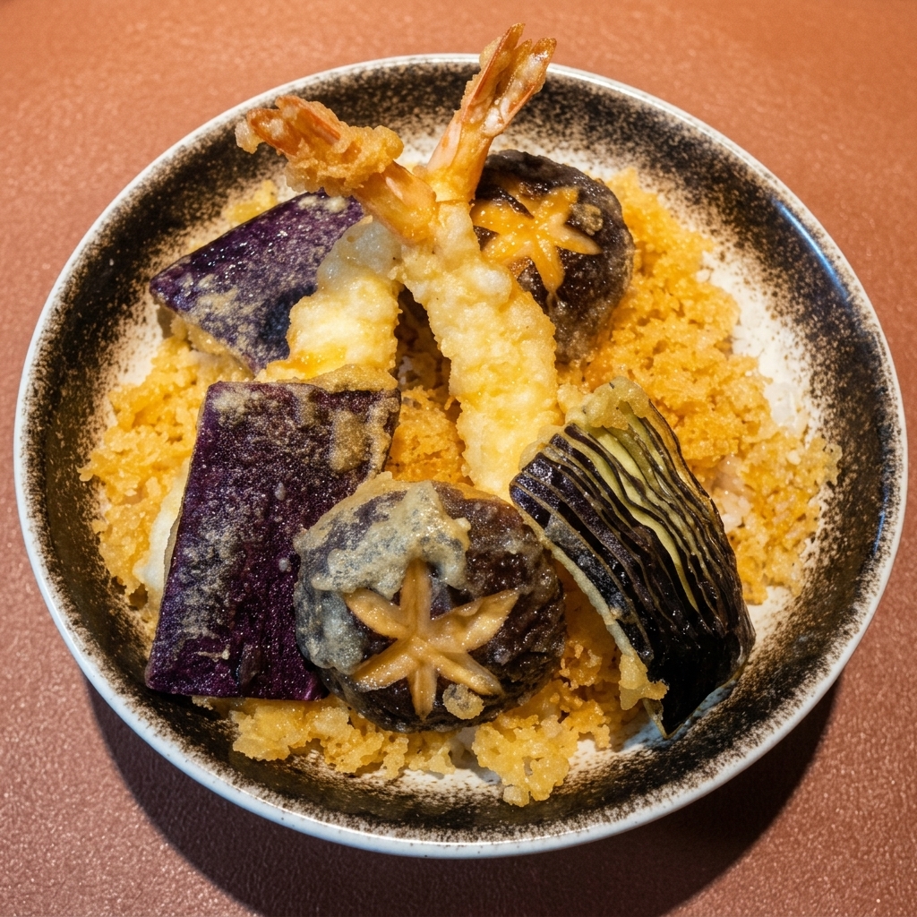 Bol de Tempura Donburi garni de crevettes dorées et daubergines disposées sur un lit de riz et de miettes croustillantes.