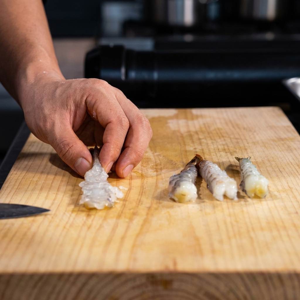 Utilisation du plat du couteau pour aplatir et redresser délicatement la crevette.