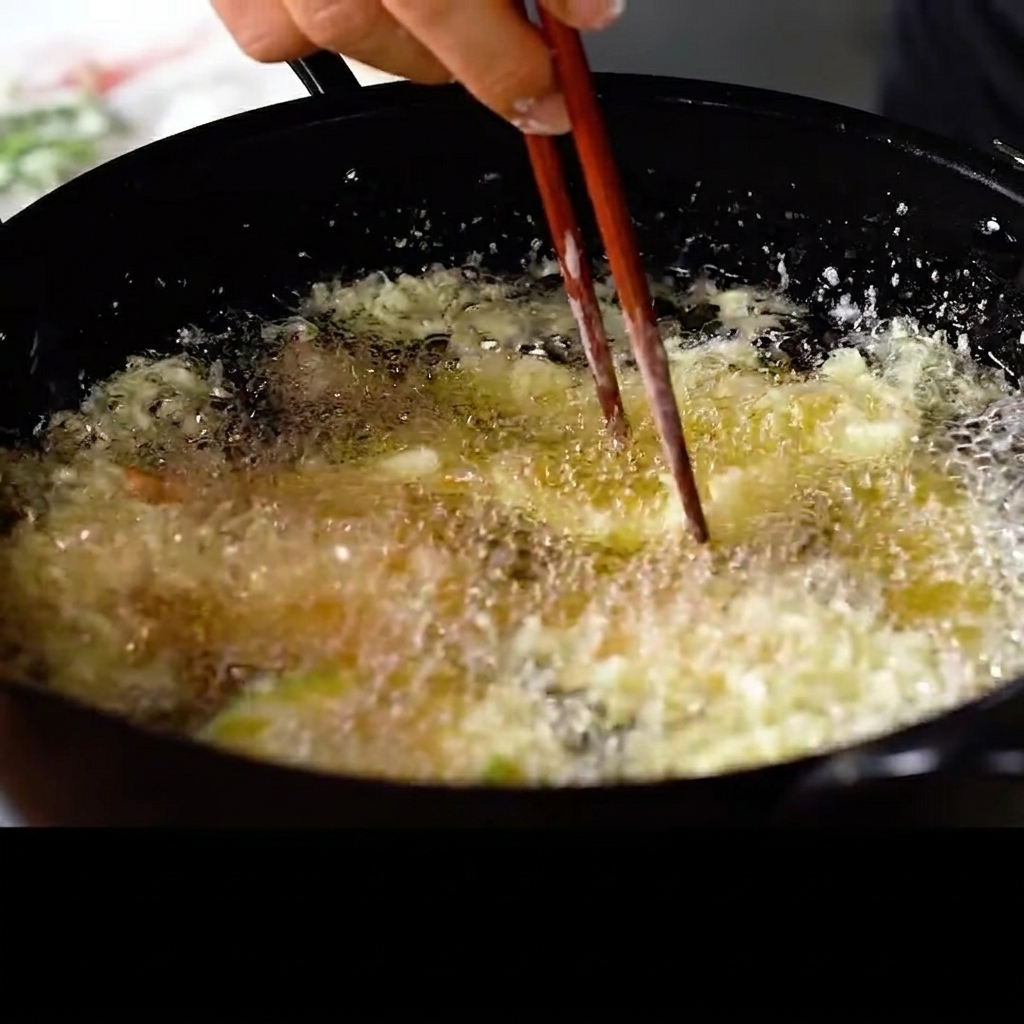 Des baguettes en bois redressant une crevette dans lhuile bouillante.