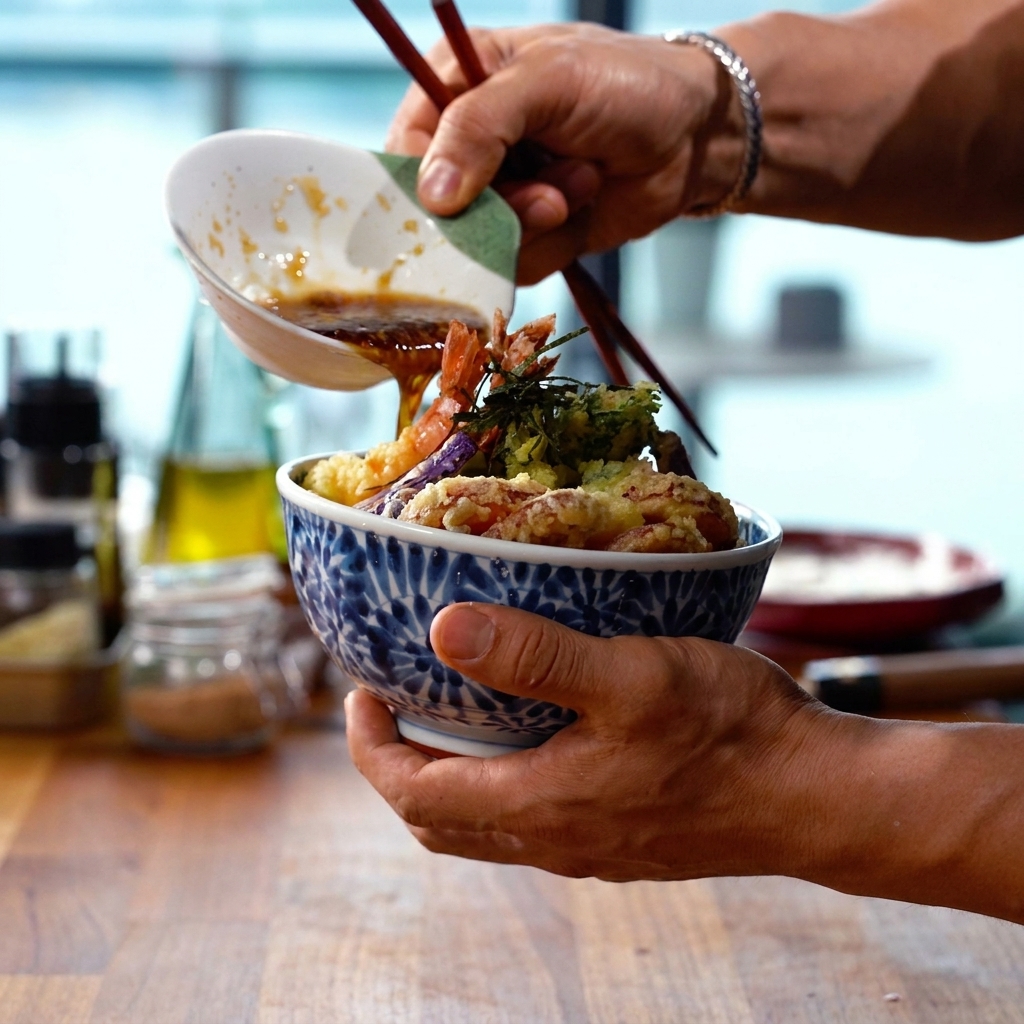 Sauce tempura chaude versée sur un bol de tempuras et de riz.