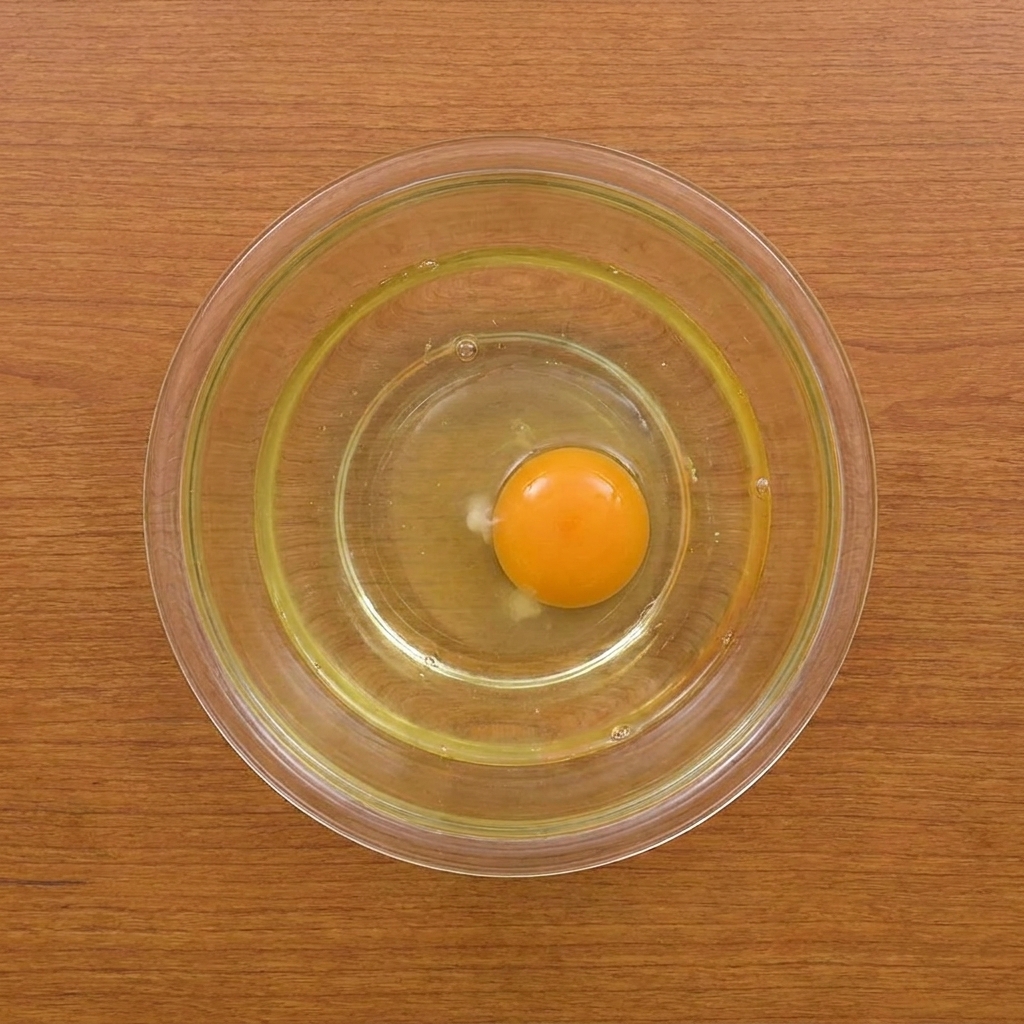 Un bol en verre contenant un œuf et de leau en cours de mélange, avec de la farine et de la fécule ajoutées pour créer une pâte lisse.