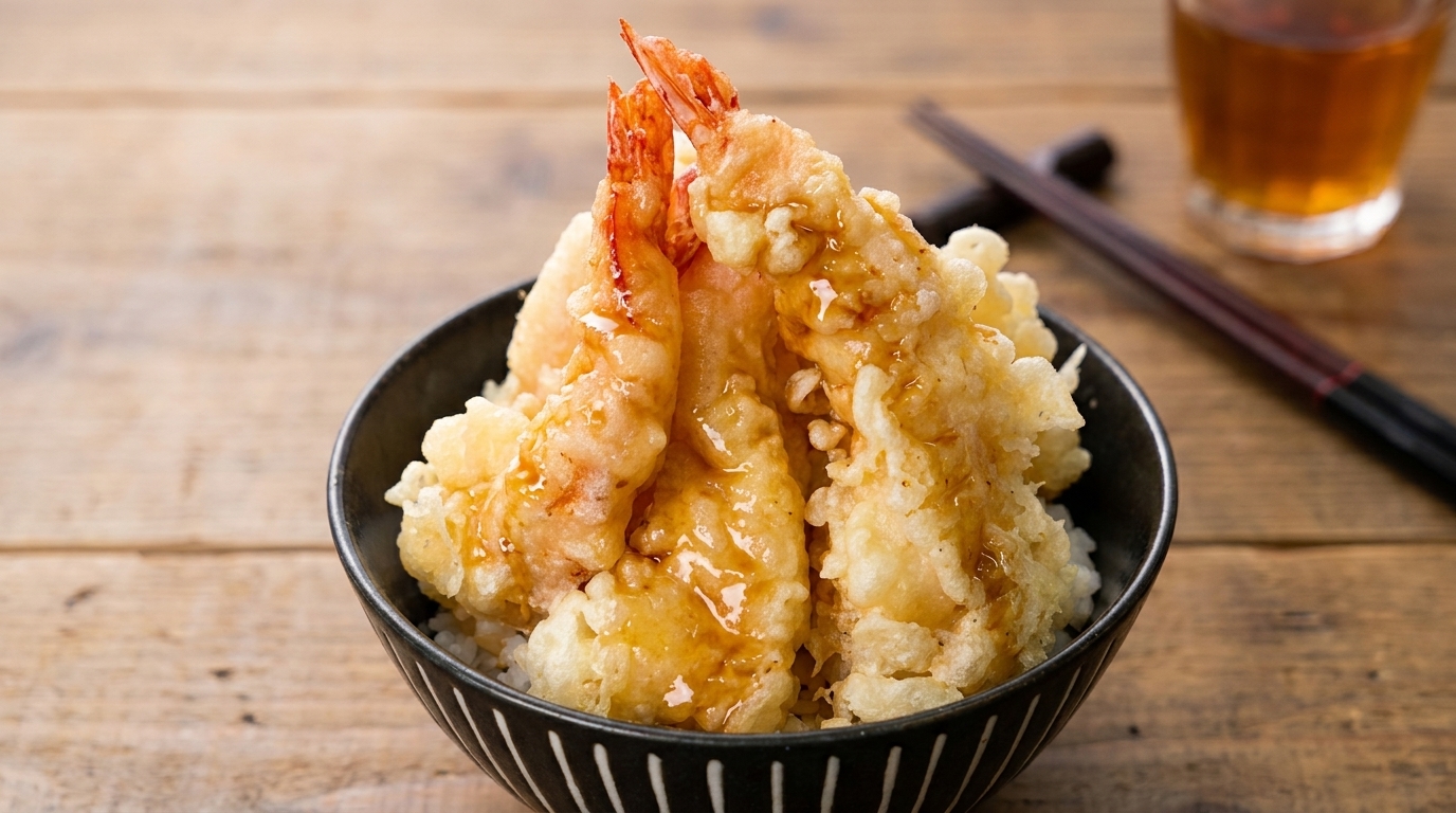 Un bol classique de riz aux tempuras de crevettes, avec ses crevettes frites dorées sur un lit de riz blanc moelleux et sa sauce savoureuse.