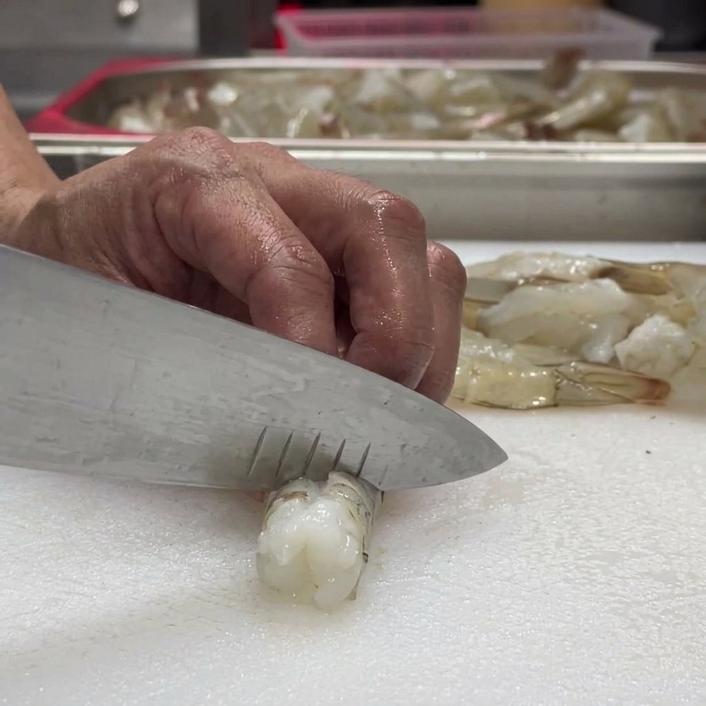 Un couteau faisant des entailles précises et légères sur le ventre de la crevette.