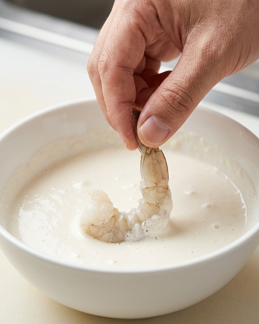 Une crevette plongée dans un bol de pâte à tempura lisse et blanche.
