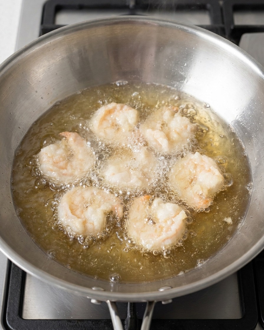 Plusieurs crevettes enrobées de pâte en train de frire dans une marmite dhuile bouillonnante.