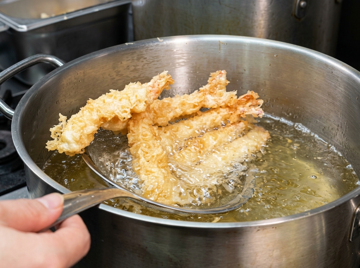 Crevettes en tempura en train de frire et prenant une couleur dorée.