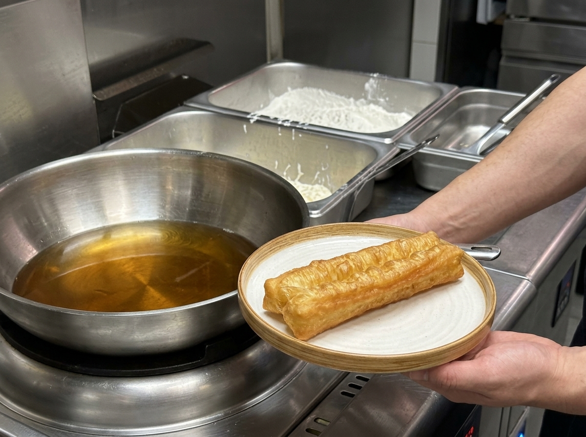 Crevettes frites dorées soulevées de lhuile avec une écumoire.