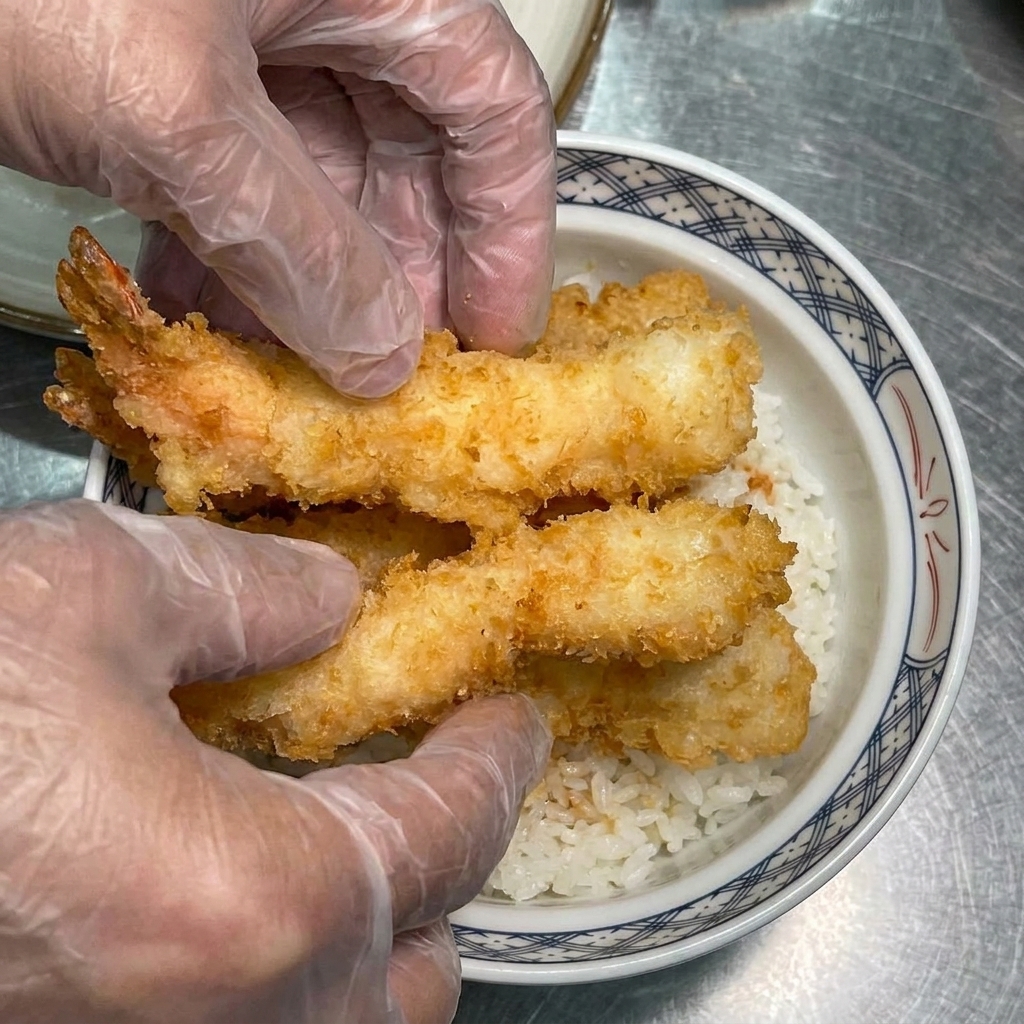 Crevettes tempura placées sur un bol de riz blanc.