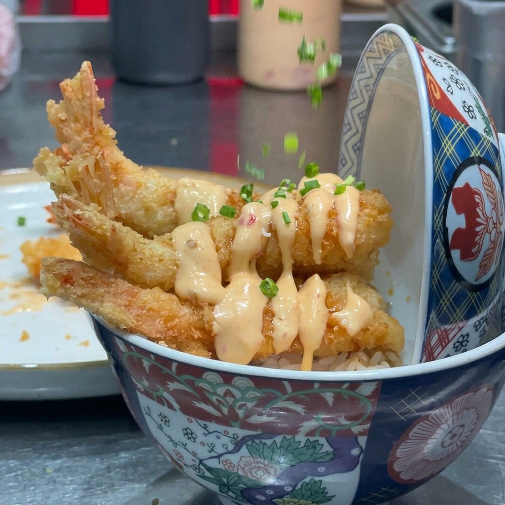 Oignons verts hachés saupoudrés sur un bol de tempura terminé.