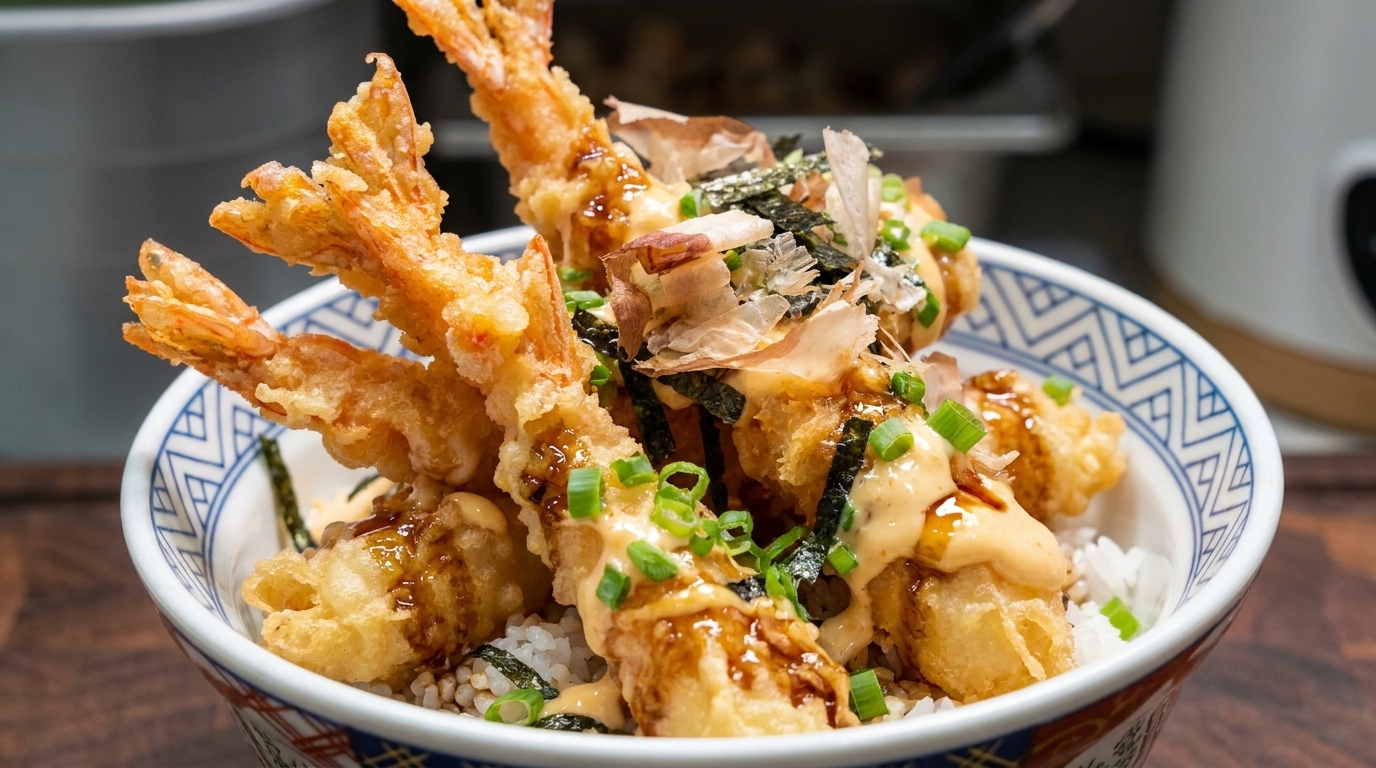Bol de riz croustillant aux crevettes tempura (Ten Don)