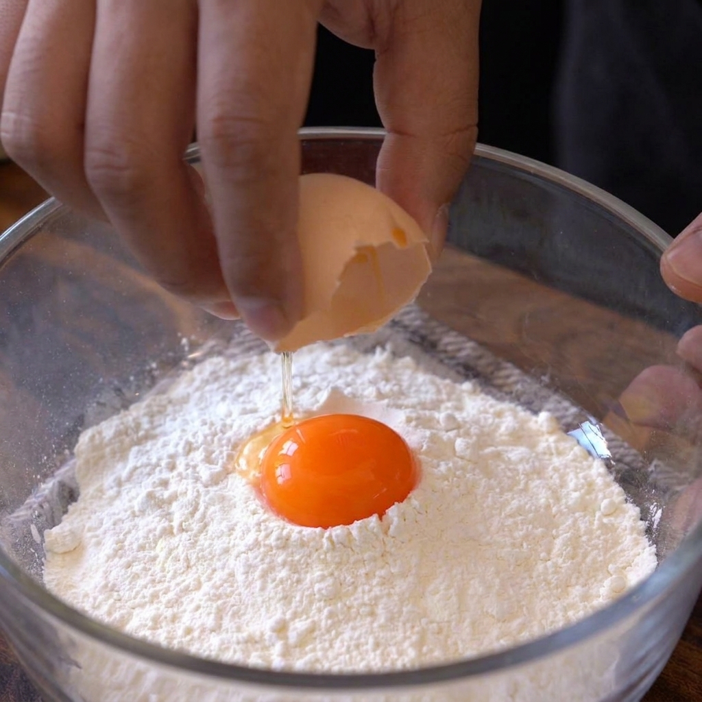 Un bol contenant les jaunes dœufs, la farine, la fécule et leau, en cours de mélange pour obtenir une pâte homogène.