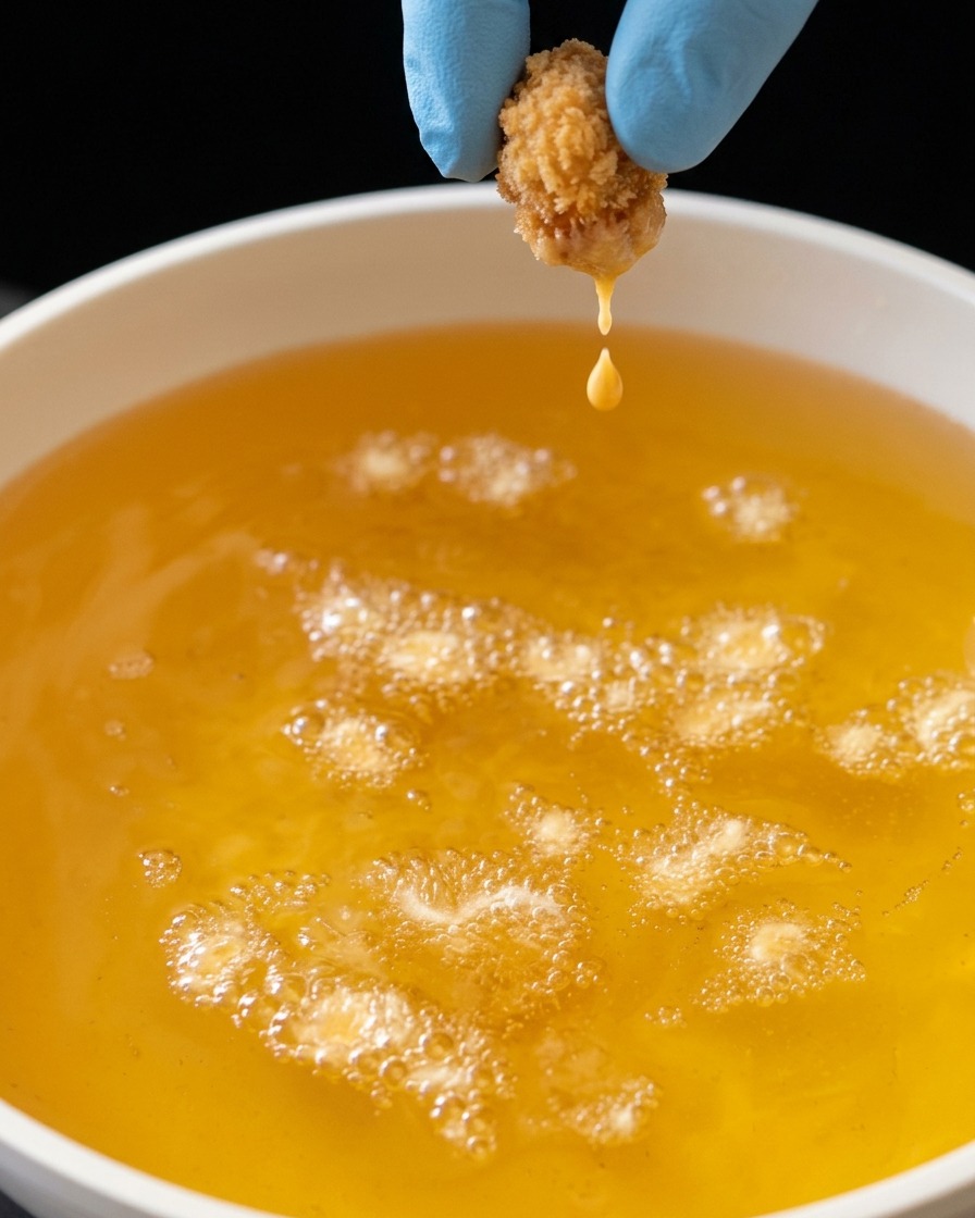 Petits éclats de pâte frits dans lhuile chaude pour obtenir une texture croquante.