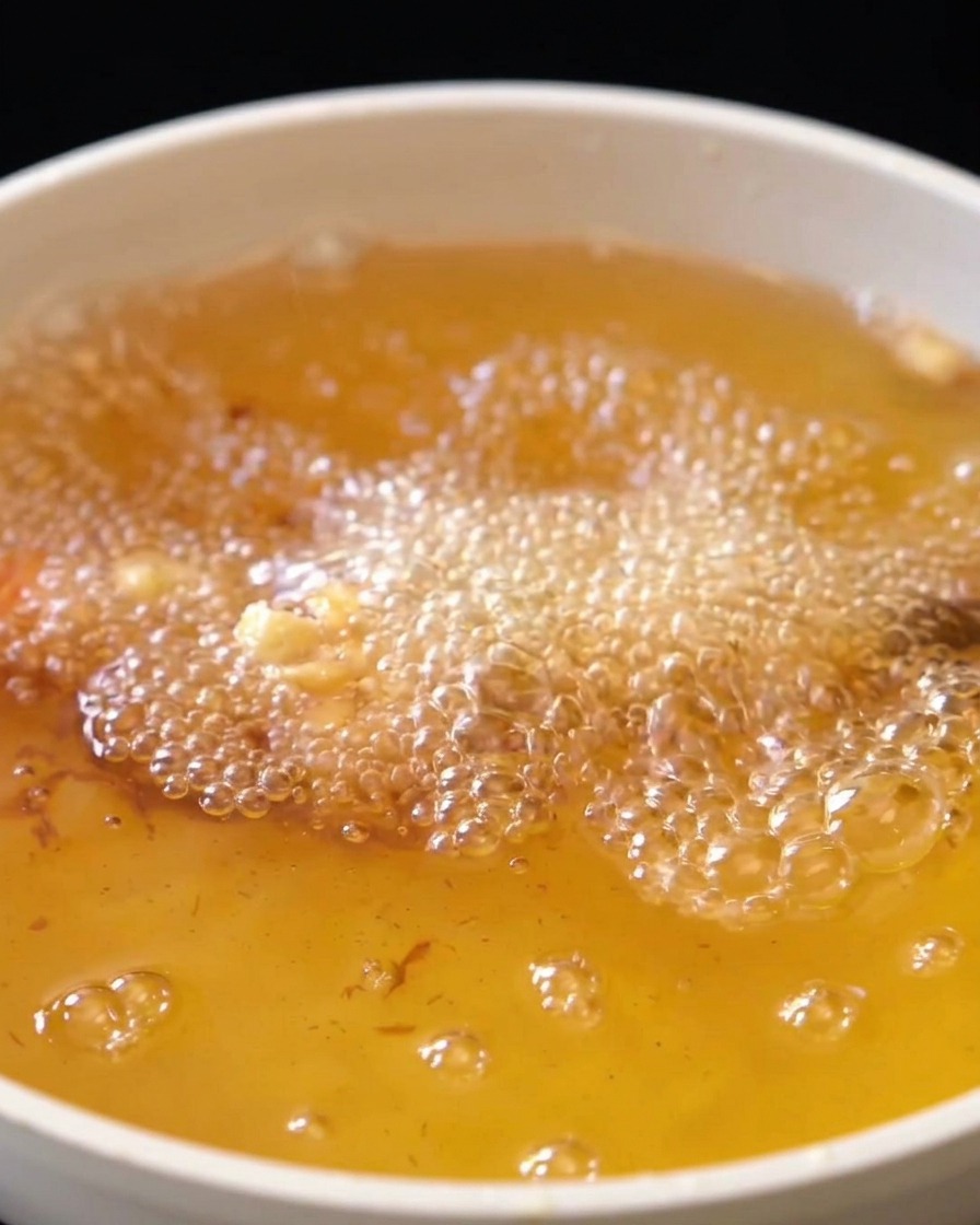 Crevettes enrobées en train de frire dans lhuile chaude entourées de bulles.