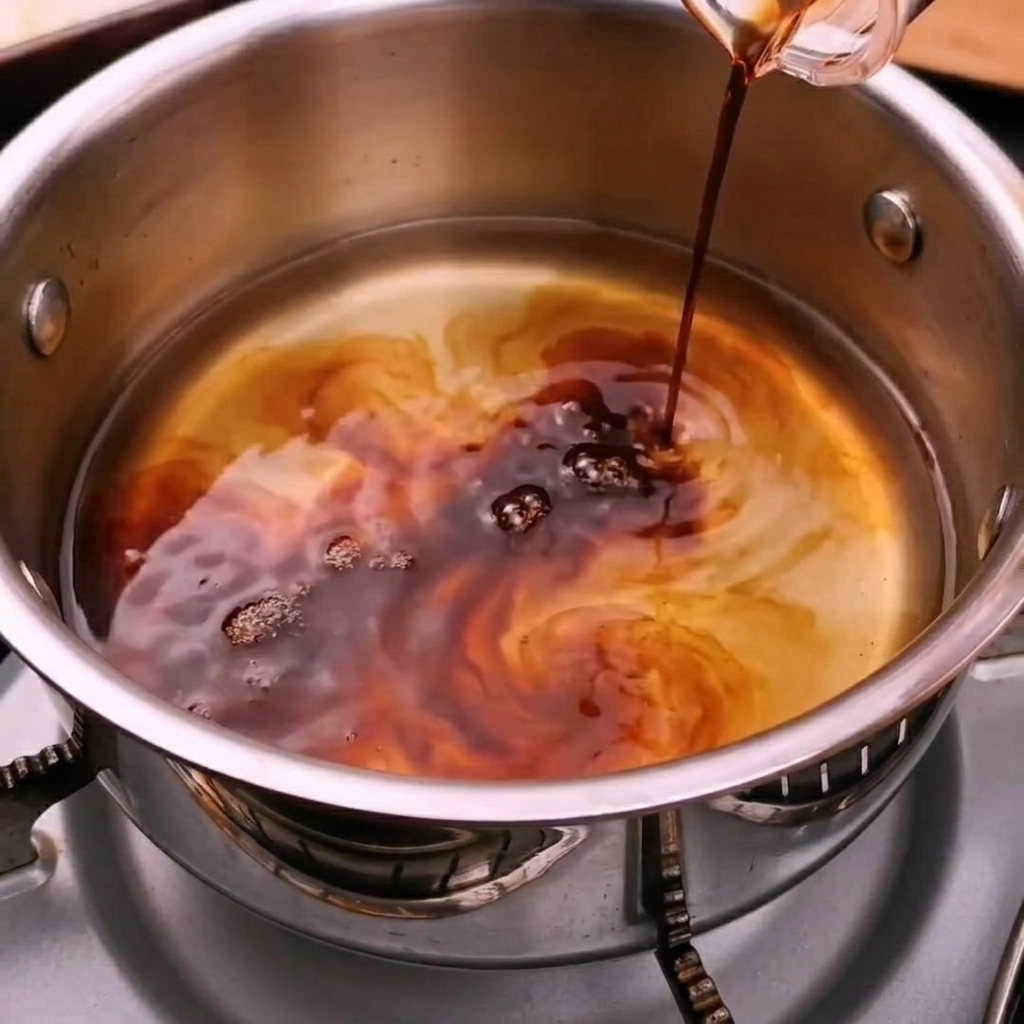 Sauce soja noire versée dans une casserole contenant du bouillon de bonite.