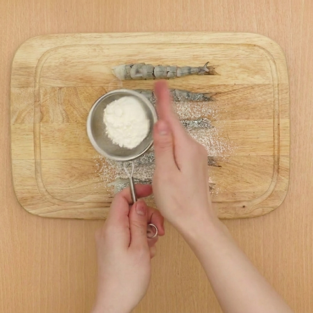 Farine à faible teneur en gluten tamisée sur les crevettes crues et préparées, posées sur une planche en bois.