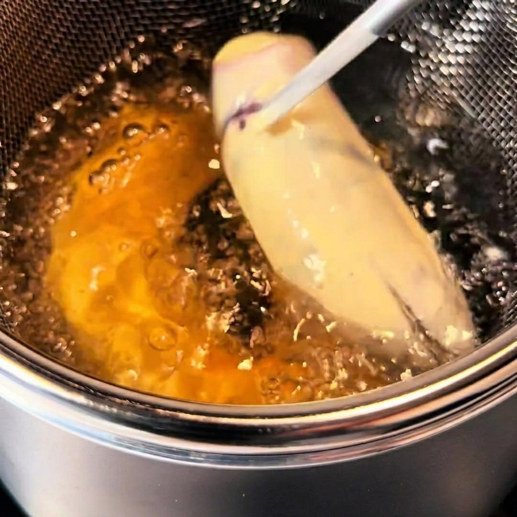 Morceaux de tempura en pâte en train de frire dans de lhuile chaude bouillonnante dans une casserole en acier inoxydable.