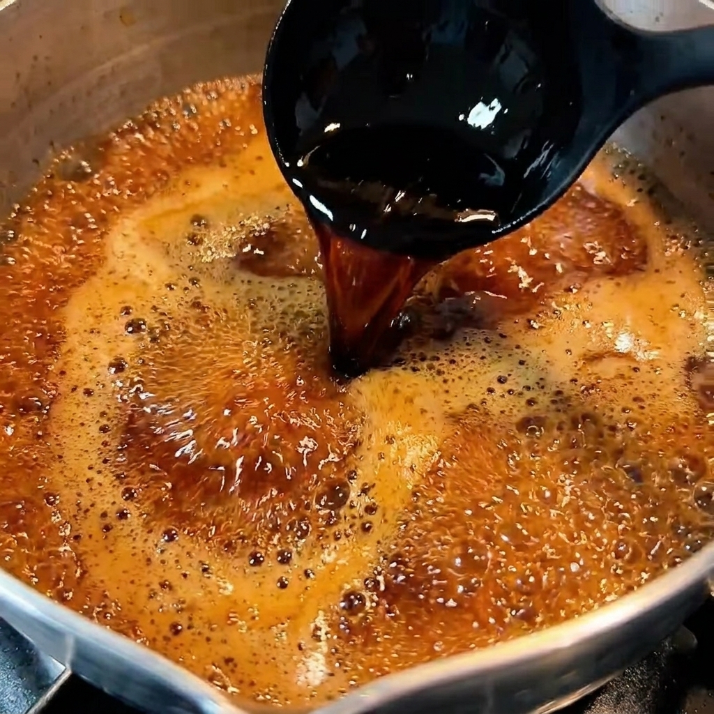 Un glaçage sombre et savoureux mijotant dans une petite casserole, montrant des bulles visibles et une consistance épaisse et brillante.