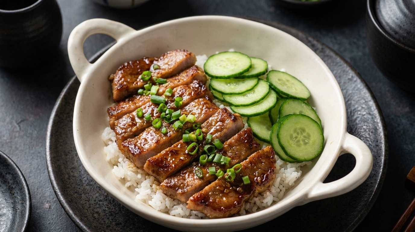 Un bol de riz blanc chaud garni de tranches de côtes de porc glacées et de rondelles de concombre frais.
