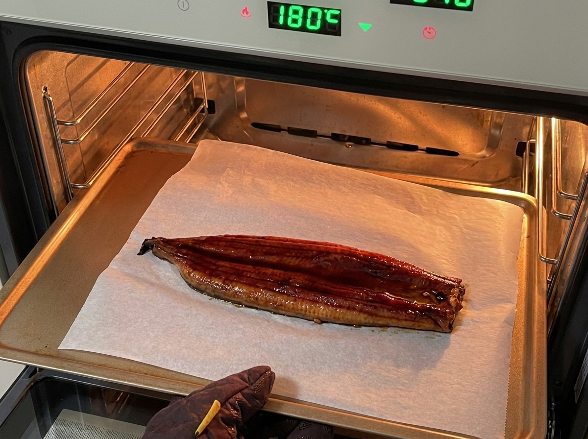 Un filet dunagi laqué sur du papier sulfurisé dans un four à 180°C.