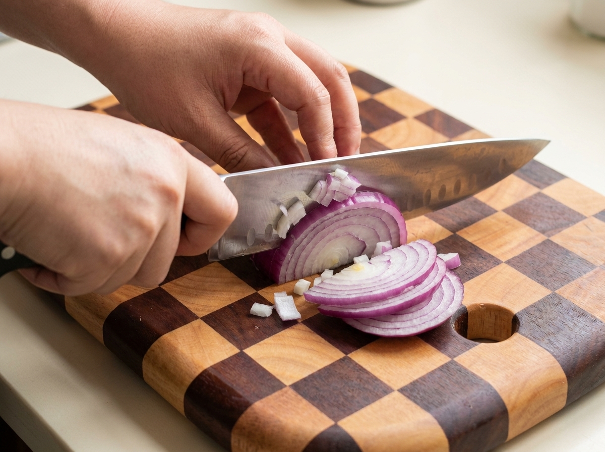 Une main utilisant un couteau de chef pour couper un oignon rouge en dés sur une planche à découper en bois.