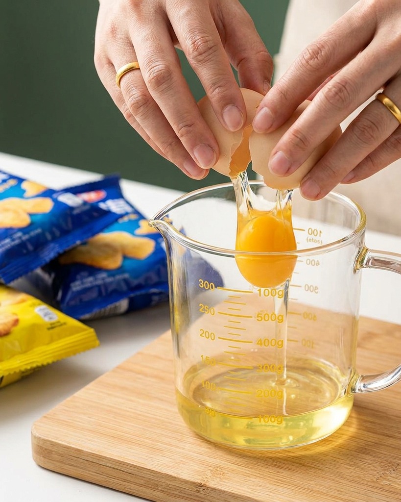 Des œufs cassés dans un verre doseur avec un filet de lait, prêts à être battus.