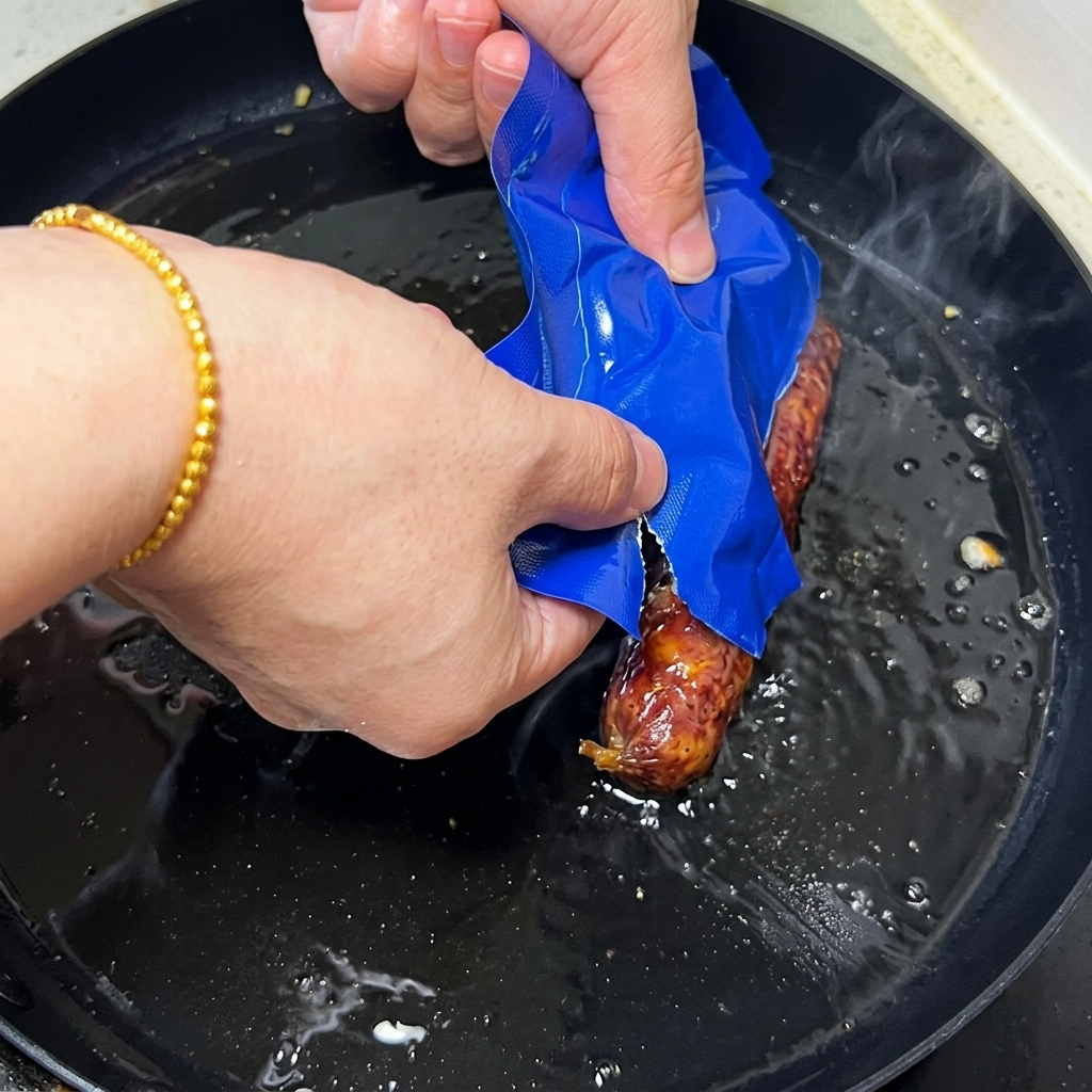 Filets danguille grillée déposés dans la poêle sur les œufs cuits.