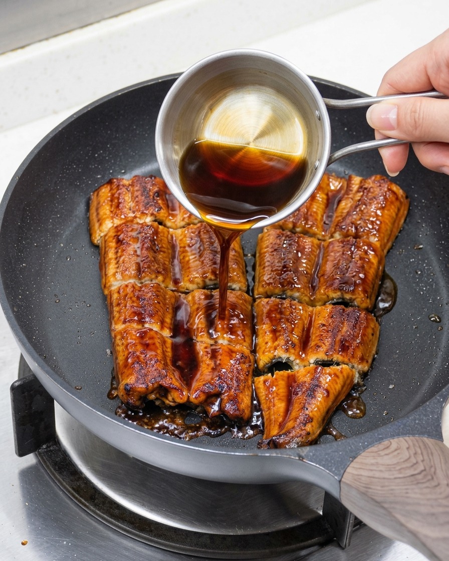 Un mélange de sauce savoureuse versé depuis une petite mesurette métallique sur languille dans la poêle.