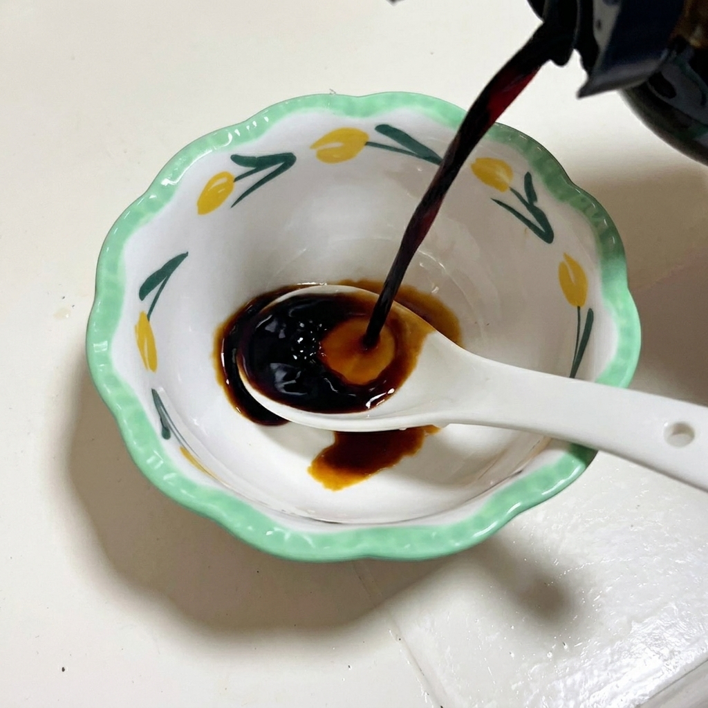 Un mélange de sauce soja et dassaisonnements étant remué dans un petit bol à motifs avec une cuillère.