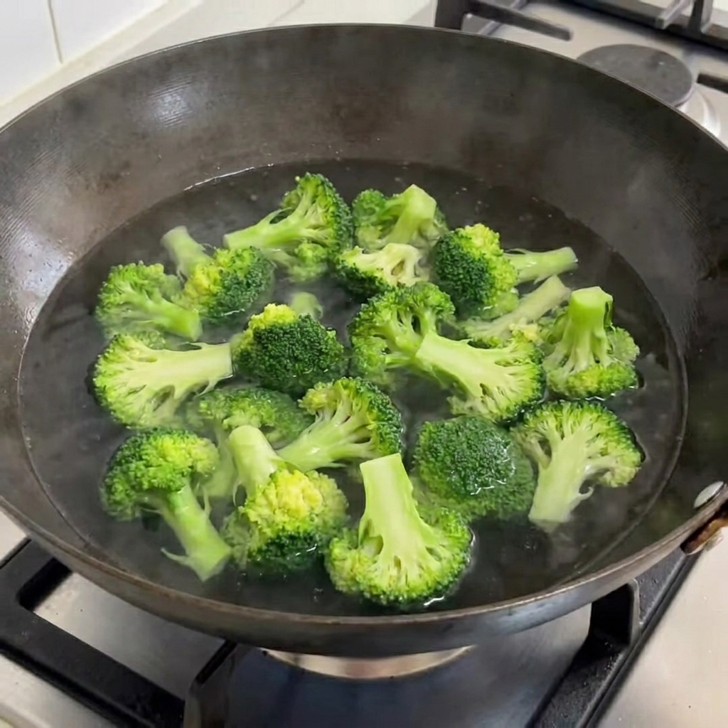 Des fleurettes de brocoli bouillant dans une casserole deau.