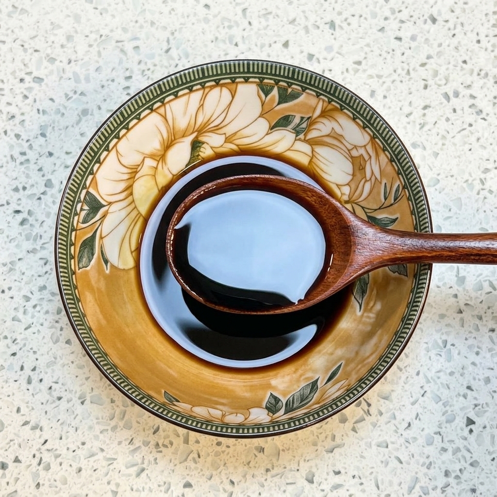 Une cuillère en bois mélangeant de la sauce soja, de la sauce soja foncée, du miel et de leau dans un bol en céramique.