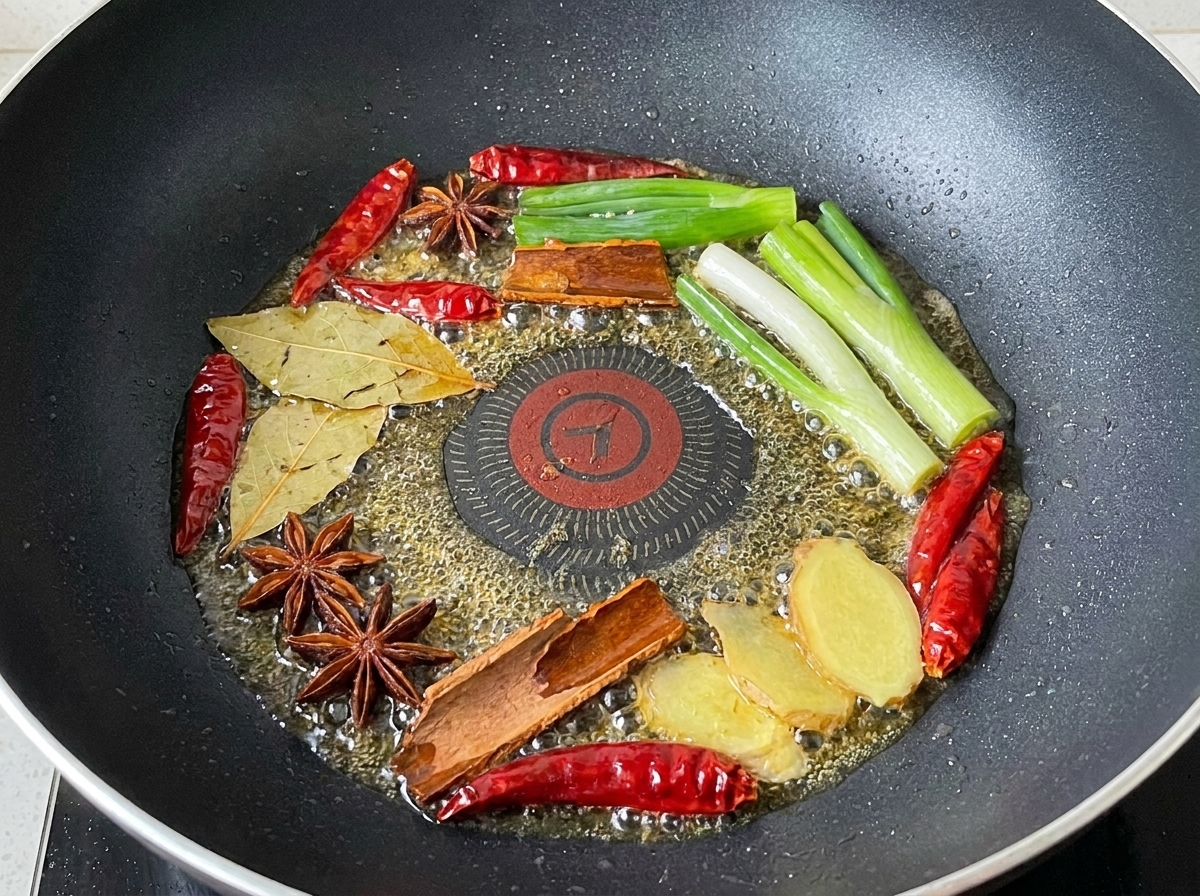 Mélange doignons verts, piments séchés et épices entières dans lhuile.
