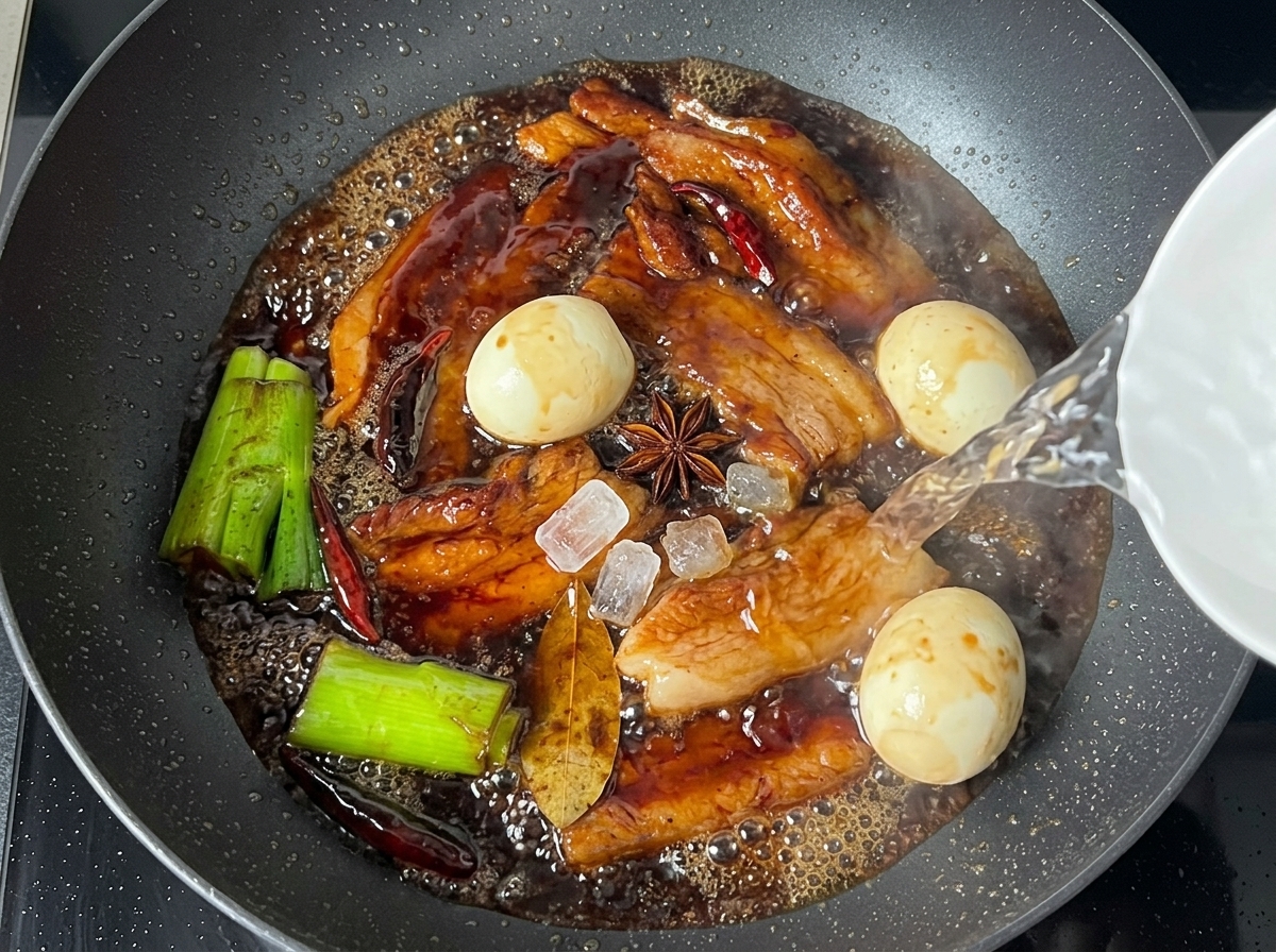 Mijoté de porc, œufs et épices dans une sauce riche avec du sucre candi.