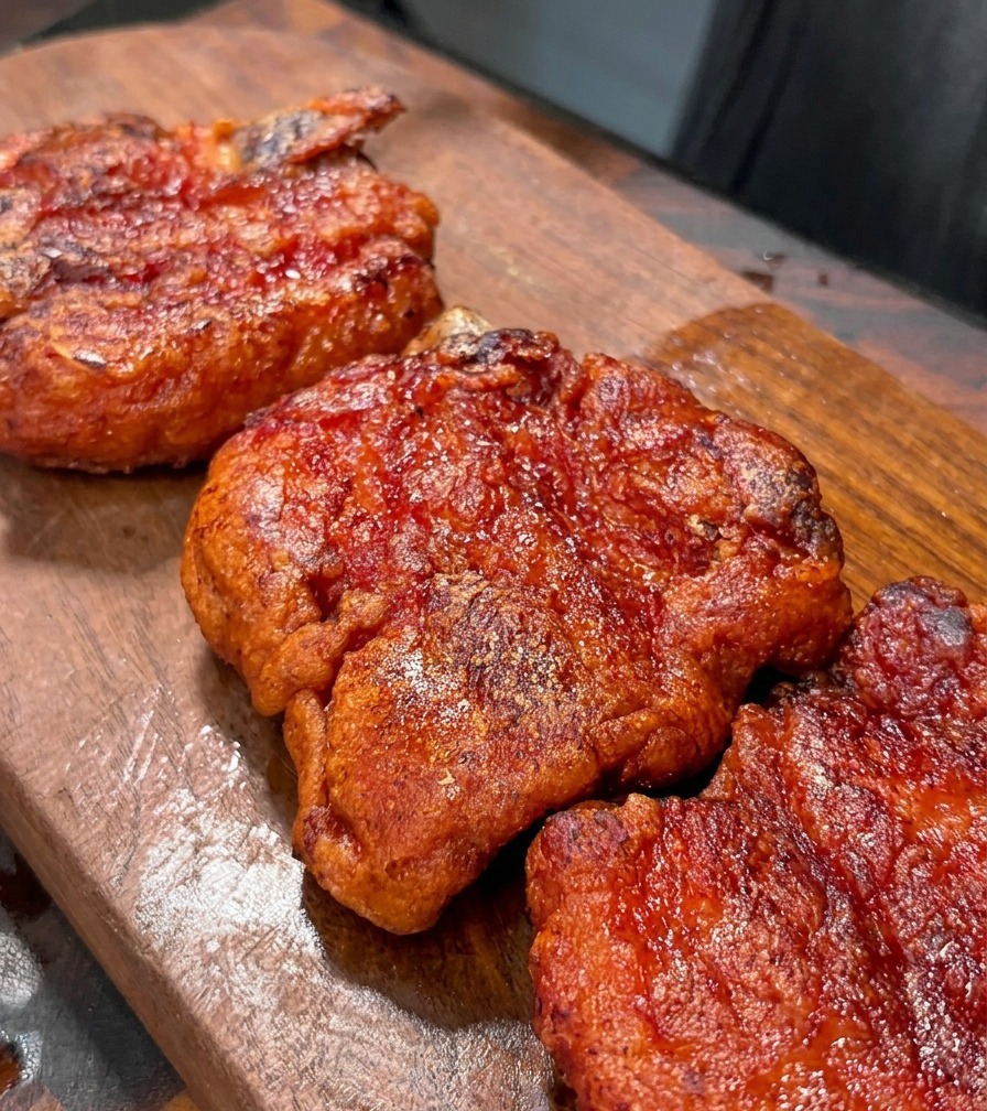 Lanières de porc frit croustillant en train dêtre tranchées sur une planche en bois.
