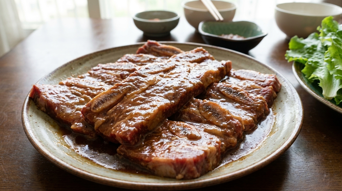 Travers de bœuf enrobés dune marinade riche et savoureuse, prêts à griller.