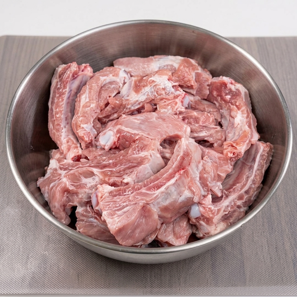 Travers de porc crus plongés dans un bol deau claire.