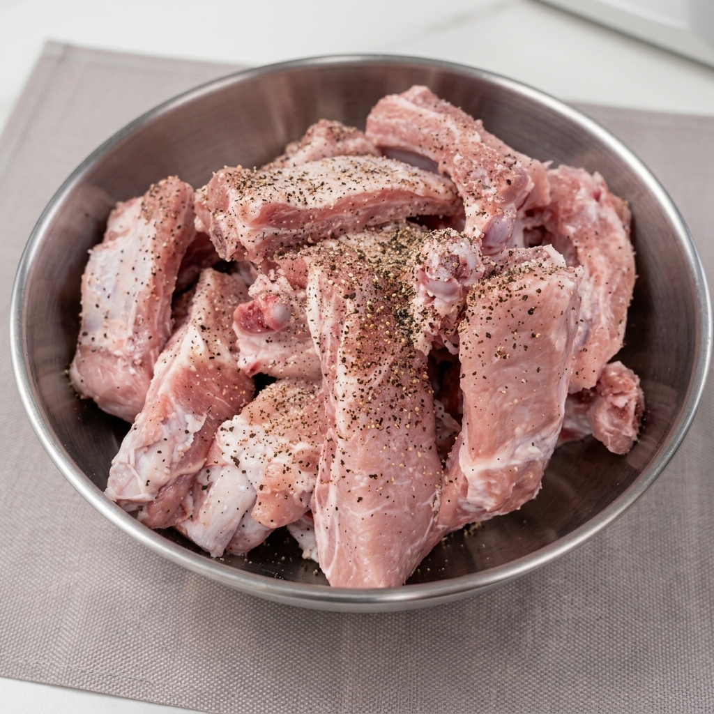 Travers de porc assaisonnés dans un bol en métal avec des herbes et de lhuile.