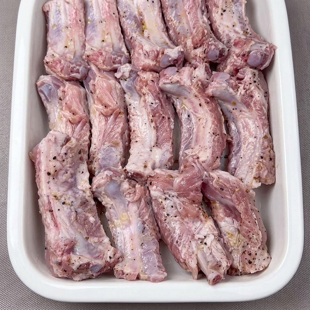 Travers de porc disposés sur une grille dans une friteuse à air.